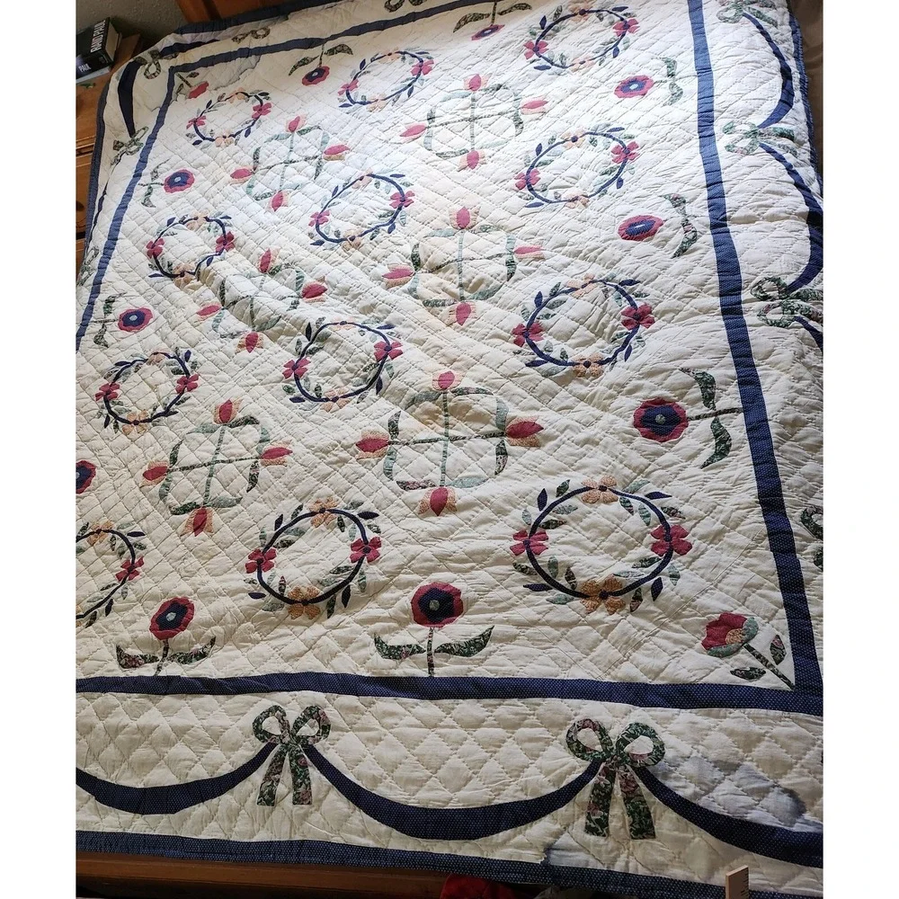 67‎ X 85 Quilt Bows Flowers Squares Rings Blue Green Red Brown Some Stains